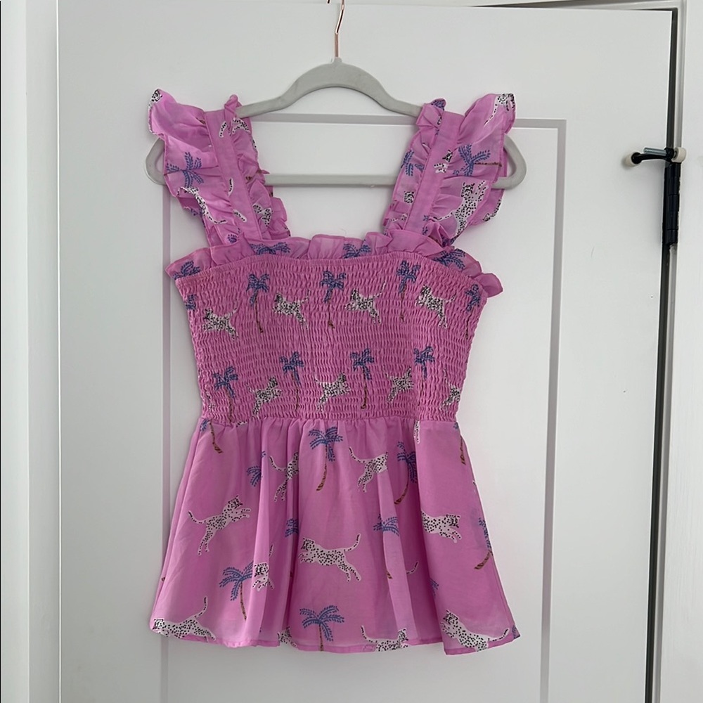 J Marie Pink Ruffled Sleeveless Top with Leopard Print